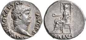 Nero, 54-68. Denarius (Silver, 17 mm, 3.55 g, 7 h), Rome, 65-66. NERO CAESAR AVGVSTVS Laureate head of Nero to right. Rev. SALVS Salus seated left on ...