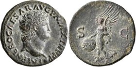 Nero, 54-68. As (Copper, 29 mm, 10.21 g, 6 h), Lugdunum, circa 66. IMP NERO CAESAR AVG P MAX TR P P P Bare head of Nero to right, globe at point of bu...
