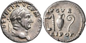 Vespasian, 69-79. Denarius (Silver, 17 mm, 3.23 g, 7 h), Rome, 72-73. IMP CAES VESP AVG P M COS IIII Laureate head of Vespasian to right. Rev. AVGVR /...