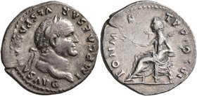 Vespasian, 69-79. Denarius (Silver, 19 mm, 2.94 g, 6 h), Rome, 75. IMP CAESAR VESPASIANVS AVG Laureate head of Vespasian to right. Rev. PON MAX TR P C...