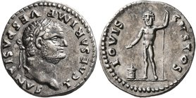 Titus, as Caesar, 69-79. Denarius (Silver, 19 mm, 3.41 g, 7 h), Rome, 76. T CAESAR IMP•VESPASIANVS Laureate head of Titus to right. Rev. IOVIS CVSTOS ...