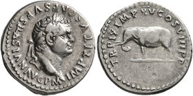 Titus, 79-81. Denarius (Silver, 18 mm, 3.39 g, 6 h), Rome, January-June 80. IMP TITVS CAES VESPASIAN AVG P M Laureate head of Titus to right. Rev. TR ...