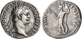Domitian, 81-96. Denarius (Silver, 19 mm, 3.20 g, 6 h), Rome, 90. [I]MP CAES DOMIT AVG GERM P M TR P VIIII Laureate head of Domitian to right. Rev. IM...
