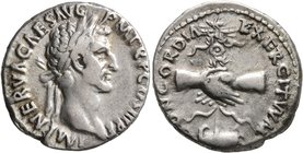 Nerva, 96-98. Denarius (Silver, 18 mm, 3.41 g, 12 h), Rome, 97. IMP NERVA CAES AVG P M TR P COS III P P Laureate head of Nerva to right. Rev. CONCORDI...