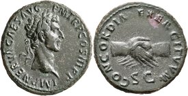 Nerva, 96-98. As (Copper, 28 mm, 10.75 g, 7 h), Rome, 97. IMP NERVA CAES AVG P M TR P COS III P P Laureate head of Nerva to right. Rev. CONCORDIA EXER...