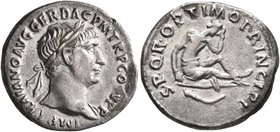 Trajan, 98-117. Denarius (Silver, 18 mm, 3.21 g, 6 h), Rome, 103-107. IMP TRAIANO AVG GER DAC P M TR P COS V P P Laureate head of Trajan to right, wit...