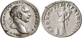 Trajan, 98-117. Denarius (Silver, 19 mm, 3.54 g, 7 h), Rome, circa 106-107. IMP TRAIANO AVG GER DAC P M TR P COS V P P Laureate head of Trajan to righ...