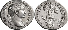 Trajan, 98-117. Denarius (Silver, 20 mm, 3.00 g, 6 h), Rome, circa 107-108. IMP TRAIANO AVG GER DAC P M TR P Laureate head of Trajan to right, with sl...