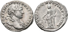 Trajan, 98-117. Denarius (Silver, 19 mm, 3.13 g, 7 h), Rome, circa 107-108. IMP TRAIANO AVG GER DAC P M TR P Laureate head of Trajan to right, with sl...