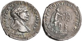 Trajan, 98-117. Denarius (Silver, 21 mm, 3.35 g, 7 h), Rome, 111. IMP TRAIANO AVG GER DAC P M TR P Laureate head of Trajan to right, with sligth drape...