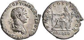 Trajan, 98-117. Denarius (Silver, 20 mm, 3.36 g, 7 h), Rome, 114-116. IMP CAES NER TRAIANO OPTIMO AVG GER DAC Laureate and draped bust of Trajan to ri...