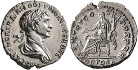 Trajan, 98-117. Denarius (Silver, 18 mm, 3.30 g, 7 h), Rome, 114-116. IMP CAES NER TRAIANO OPTIMO AVG GER DAC Laureate and draped bust of Trajan to ri...