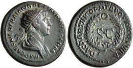 Trajan, 98-117. Semis (Orichalcum, 20 mm, 4.71 g, 7 h), Rome, for use in Syria, 116. IMP CAES NER TRAIANO OPTIMO AVG GERM Radiate and draped bust of T...