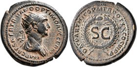 Trajan, 98-117. Semis (Orichalcum, 21 mm, 6.56 g, 7 h), Rome, for use in Syria, 116. IMP CAES NER TRAIANO OPTIMO AVG GERM Radiate and draped bust of T...