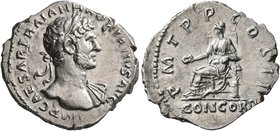 Hadrian, 117-138. Denarius (Silver, 19 mm, 2.77 g, 7 h), Rome, 118. IMP CAESAR TRAIAN HADRIANVS AVG Laureate head of Hadrian to right, with slight dra...