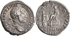 Hadrian, 117-138. Denarius (Silver, 18 mm, 3.00 g, 7 h), Rome, 119-122. MP CAESAR TRAIAN HADRIANVS AVG Laureate and draped bust of Hadrian to right. R...
