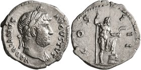 Hadrian, 117-138. Denarius (Silver, 20 mm, 3.17 g, 7 h), Rome, 125-128. HADRIANVS AVGVSTVS Laureate head of Hadrian to right, with slight drapery on h...