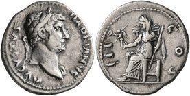 Hadrian, 117-138. Denarius (Silver, 18 mm, 3.25 g, 6 h), uncertain mint in the East, 128-132/8. HADRIANVS AVGVSTVS Laureate head of Hadrian to right, ...