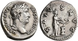 Hadrian, 117-138. Denarius (Silver, 18 mm, 3.24 g, 5 h), Rome, 134-138. HADRIANVS AVG COS III P P Laureate head of Hadrian right. Rev. SALVS AVG Salus...