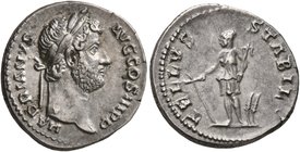 Hadrian, 117-138. Denarius (Silver, 18 mm, 3.06 g, 7 h), Rome, 134-138. HADRIANVS AVG COS III P P Bare head of Hadrian to left, with slight drapery on...