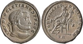 Diocletian, 284-305. Follis (Bronze, 28 mm, 10.23 g, 1 h), Treveri, circa 298-299. IMP DIOCLETIANVS P F AVG Laureate head of Diocletian to right. Rev....