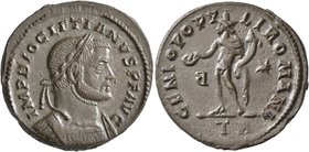 Diocletian, 284-305. Follis (Bronze, 27 mm, 10.42 g, 12 h), Treveri, circa 298-299. IMP DIOCLETIANVS P F AVG Laureate and cuirassed bust of Diocletian...