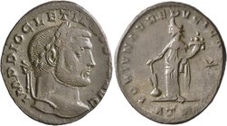 Diocletian, 284-305. Follis (Bronze, 28 mm, 8.90 g, 6 h), Treveri, circa 300-301. IMP DIOCLETIANVS P F AVG Laureate head of Diocletian to right. Rev. ...