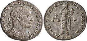 Diocletian, 284-305. Follis (Bronze, 26 mm, 9.14 g, 6 h), Treveri, circa 300-301. IMP DIOCLETIANVS P F AVG Laureate and cuirassed bust of Diocletian t...