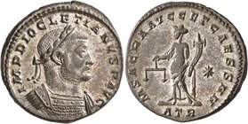 Diocletian, 284-305. Follis (Silvered bronze, 27 mm, 10.60 g, 1 h), Treveri, circa 300-301. IMP DIOCLETIANVS P AVG Laureate and cuirassed bust of Dioc...