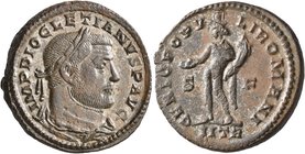 Diocletian, 284-305. Follis (Bronze, 27 mm, 10.15 g, 6 h), Treveri, circa 302-303. IMP DIOCLETIANVS P AVG Laureate, draped and cuirassed bust of Diocl...