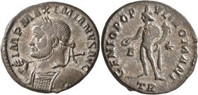Maximianus, first reign, 286-305. Follis (Silvered bronze, 26 mm, 9.28 g, 11 h), Treveri, circa 298-299. IMP MAXIMIANVS AVG Laureate and cuirassed bus...