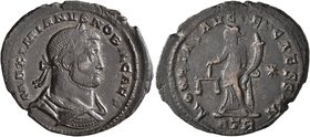 Galerius, as Caesar, 293-305. Follis (Bronze, 31 mm, 9.16 g, 1 h), Treveri, circa 300-301. MAXIMIANVS NOBIL CAES Laureate, draped and cuirassed bust o...