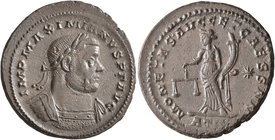 Maximianus, first reign, 286-305. Follis (Bronze, 29 mm, 10.69 g, 6 h), Treveri, circa 300-301. IMP MAXIMIANVS P F AVG Laureate and cuirassed bust of ...
