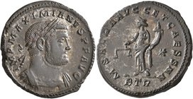 Maximianus, first reign, 286-305. Follis (Silvered bronze, 28 mm, 10.13 g, 7 h), Treveri, circa 300-301. IMP MAXIMIANVS P F AVG Laureate and cuirassed...