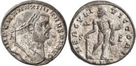 Maximianus, first reign, 286-305. Follis (Silvered bronze, 26 mm, 10.42 g, 11 h), Alexandria, circa 304-305. IMP C M A MAXIMIANVS P F AVG Laureate hea...