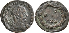 Maximianus, second reign, 307-308. 1/4 Follis (Bronze, 17 mm, 1.81 g, 6 h), Treveri, circa summer 307. IMP MAXIMIANVS P F AVG Laureate and cuirassed b...