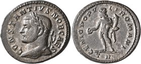 Constantius I, as Caesar, 293-305. Follis (Silvered bronze, 27 mm, 10.40 g, 7 h), Treveri, 294. CONSTANTIVS NOB CAES Laureate head of Constantius I to...