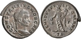Constantius I, as Caesar, 293-305. Follis (Silvered bronze, 26 mm, 8.87 g, 12 h), Treveri, 296-297. CONSTANTIVS NOB CAES Laureate head of Constantius ...