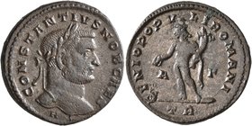 Constantius I, as Caesar, 293-305. Follis (Bronze, 25 mm, 7.54 g, 12 h), Treveri, 296-297. CONSTANTIVS NOB CAES Laureate head of Constantius I to righ...