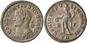 Constantius I, as Caesar, 293-305. Follis (Silvered bronze, 26 mm, 8.69 g, 1 h), Treveri, 296-297. CONSTANTIVS NOB CAES Laureate and cuirassed bust of...