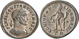 Constantius I, as Caesar, 293-305. Follis (Silvered bronze, 27 mm, 9.77 g, 6 h), Treveri, circa 298-299. FL VAL CONSTANTIVS NOB C Laureate and cuirass...