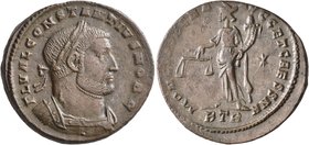 Constantius I, as Caesar, 293-305. Follis (Bronze, 28 mm, 9.18 g, 12 h), Treveri, circa 300-301. FL VAL CONSTANTIVS NOB C Laureate and cuirassed bust ...