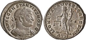Constantius I, as Caesar, 293-305. Follis (Silvered bronze, 29 mm, 9.94 g, 7 h), Treveri, circa 300-301. FL VAL CONSTANTIVS NOB C Laureate and cuirass...