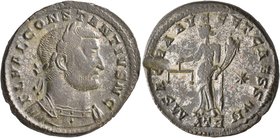 Constantius I, as Caesar, 293-305. Follis (Silvered bronze, 29 mm, 11.62 g, 12 h), Treveri, circa 300-301. FL VAL CONSTANTIVS N C Laureate and cuirass...
