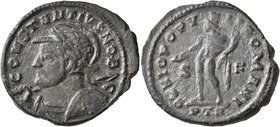 Constantius I, as Caesar, 293-305. Follis (Bronze, 29 mm, 8.76 g, 6 h), Treveri, circa 301-May 305. CONSTANTIVS NOB C Laureate, helmeted and cuirassed...