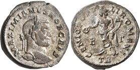 Galerius, as Caesar, 293-305. Follis (Silvered bronze, 27 mm, 10.33 g, 1 h), Treveri, 296-297. MAXIMIANVS NOB CAES Laureate head of Galerius to right....