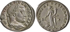 Galerius, as Caesar, 293-305. Follis (Silvered bronze, 30 mm, 10.47 g, 5 h), Treveri, circa 298-299. MAXIMIANVS NOB CAES Laureate head of Galerius to ...