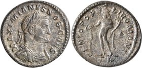 Galerius, as Caesar, 293-305. Follis (Silvered bronze, 28 mm, 12.39 g, 7 h), Treveri, circa 298-299. MAXIMIANVS NOB CAES Laureate, draped and cuirasse...