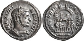 Galerius, as Caesar, 293-305. Argenteus (Silver, 19 mm, 2.58 g, 1 h), Treveri, circa 300-301. MAXIMI-ANVS N C Laureate and cuirassed bust of Galerius ...
