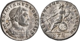 Galerius, as Caesar, 293-305. Follis (Silvered bronze, 26 mm, 9.37 g, 12 h), Treveri, circa 300-301. MAXIMIANVS NOBIL CAES Laureate and cuirassed bust...